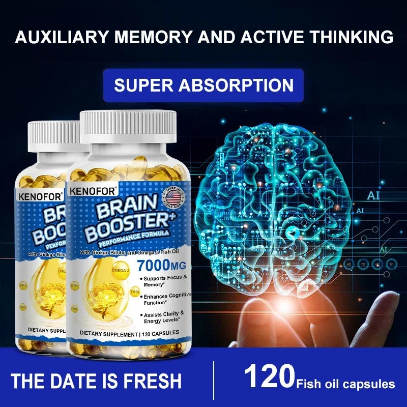 Brain Booster - with Ginkgo Biloba, Omega 3 Fish Oil, DHA & EPA